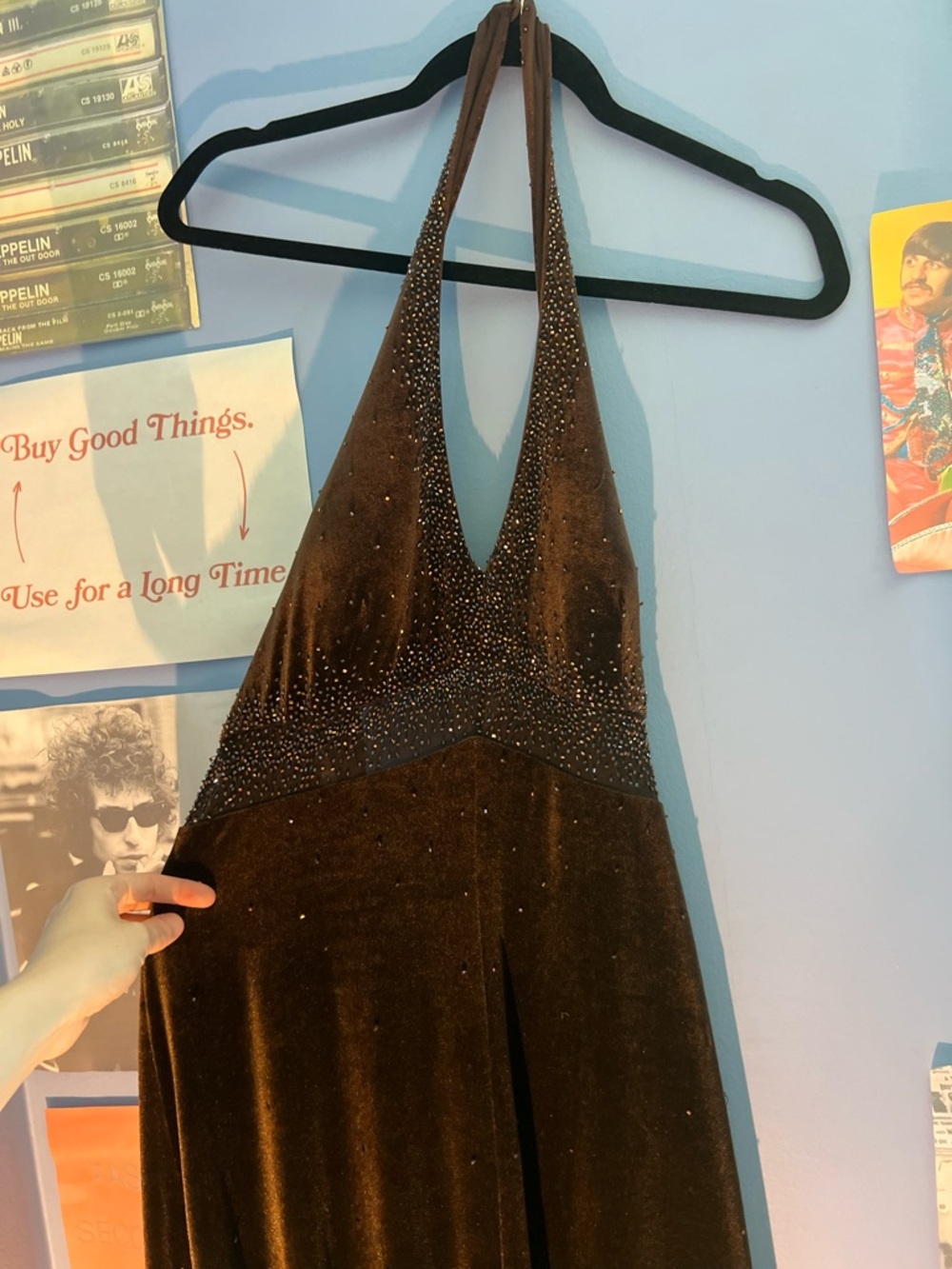 Vintage Y2K De Laru Size 13/14 Sleeveless Deep V Brown Halter Dress with Slit